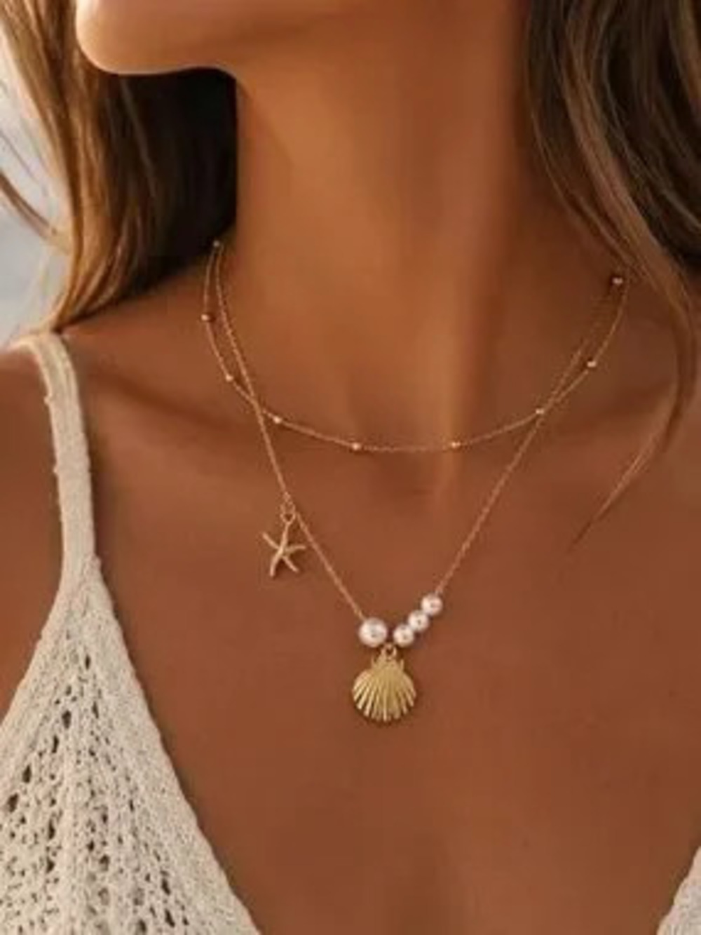 Anthropologie Gold Layered Seashell & Pearl Necklace